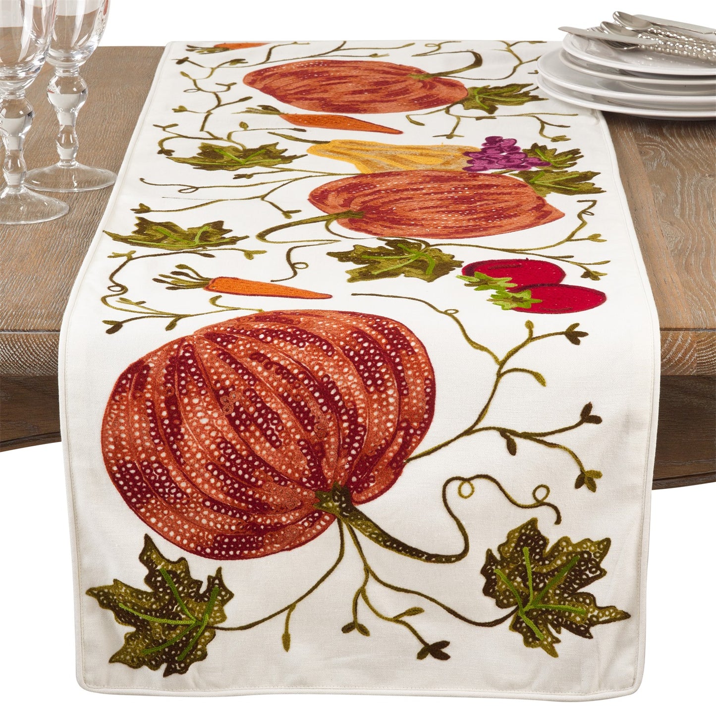 Thanksgiving / Fall Harvest Ivory Off-White Embroidered Pumpkin Table Runner, 100% cotton