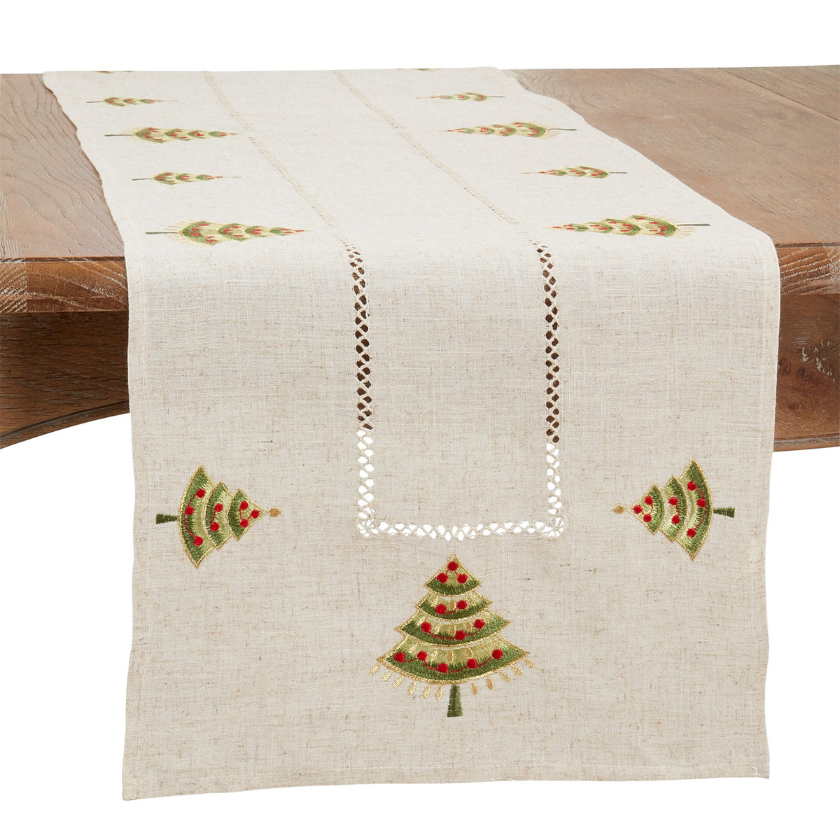 Christmas Natural Beige Embroidered Christmas Tree Table Runner, 100% polyester