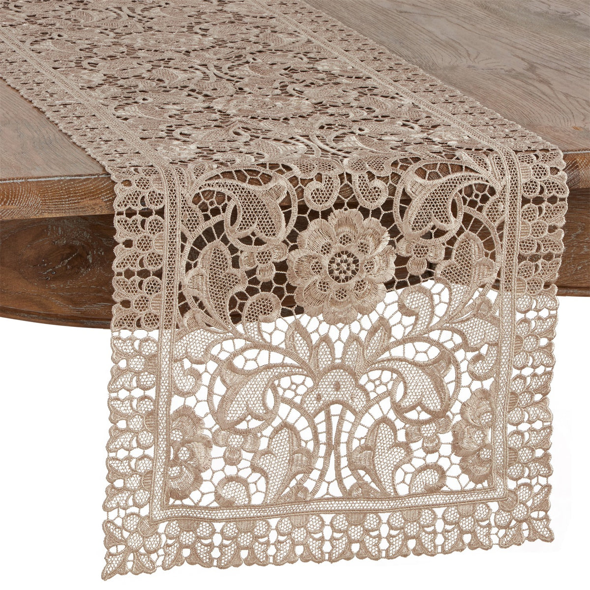 Everyday / All Season Ecru Beige All Over Venice Lace Table Runner, 100% Polyester