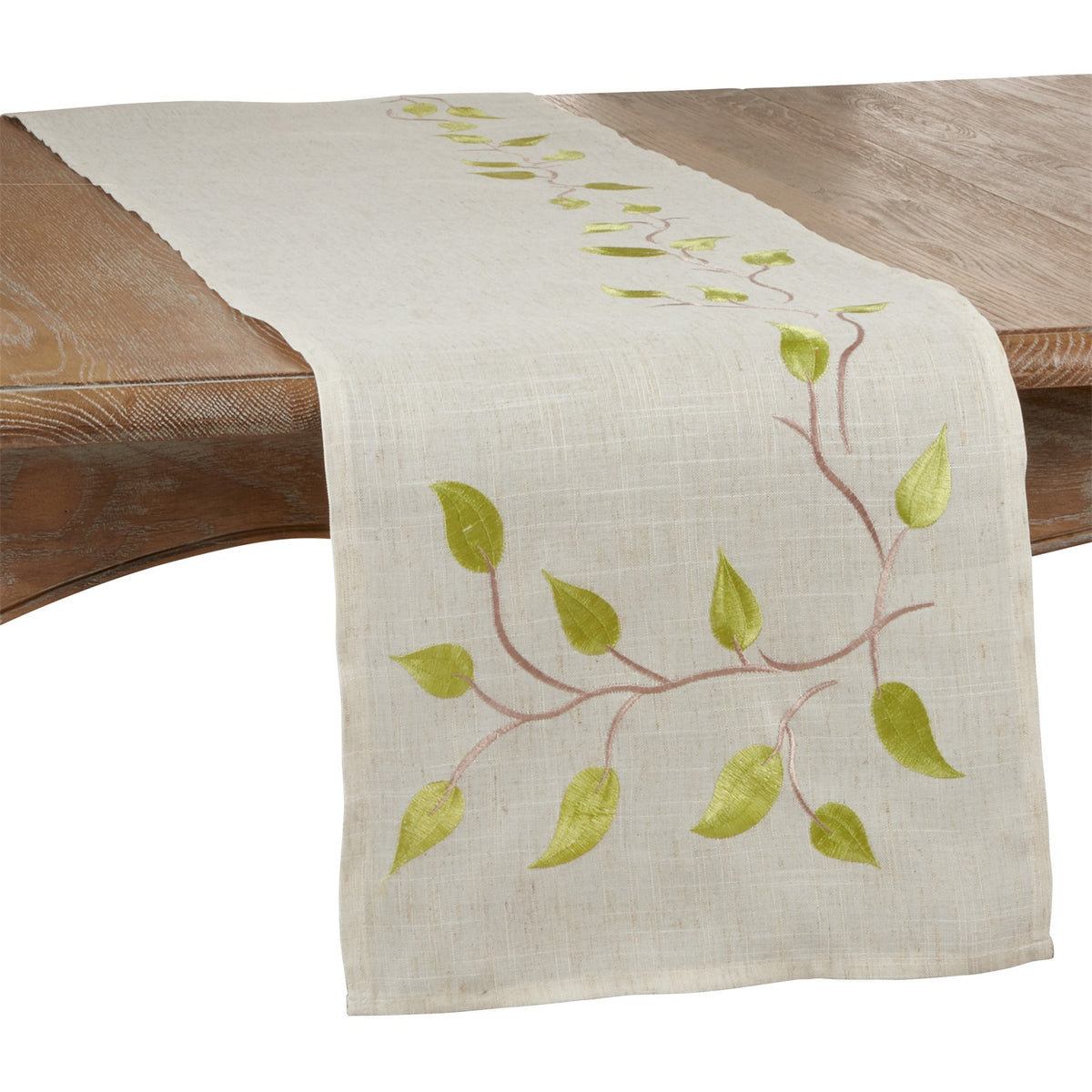 Everyday / All Season Natural Beige Embroidered Vine Table Runner, 80% polyester - 20% linen