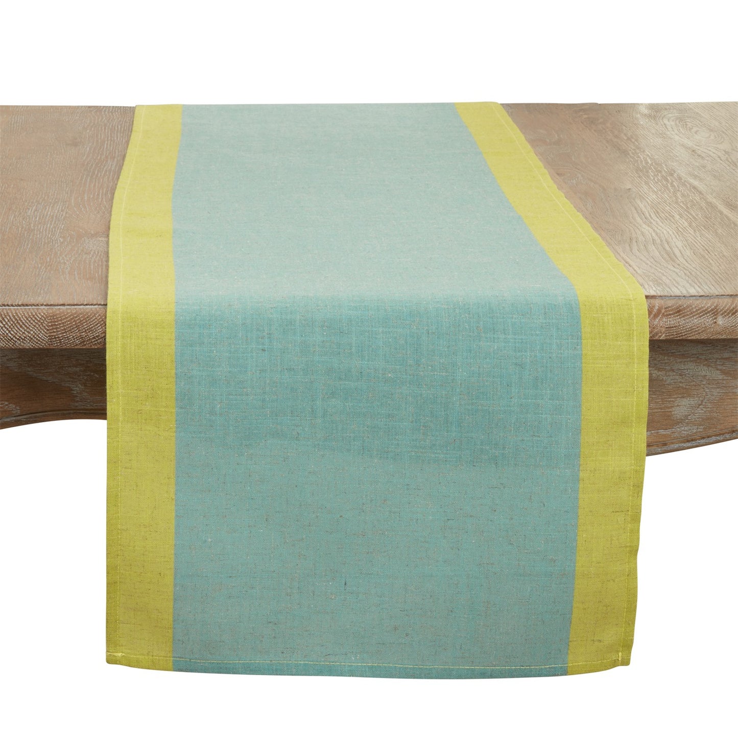 Everyday / All Season Sea Green Color Band Border Table Runner, 85% polyester - 15% linen