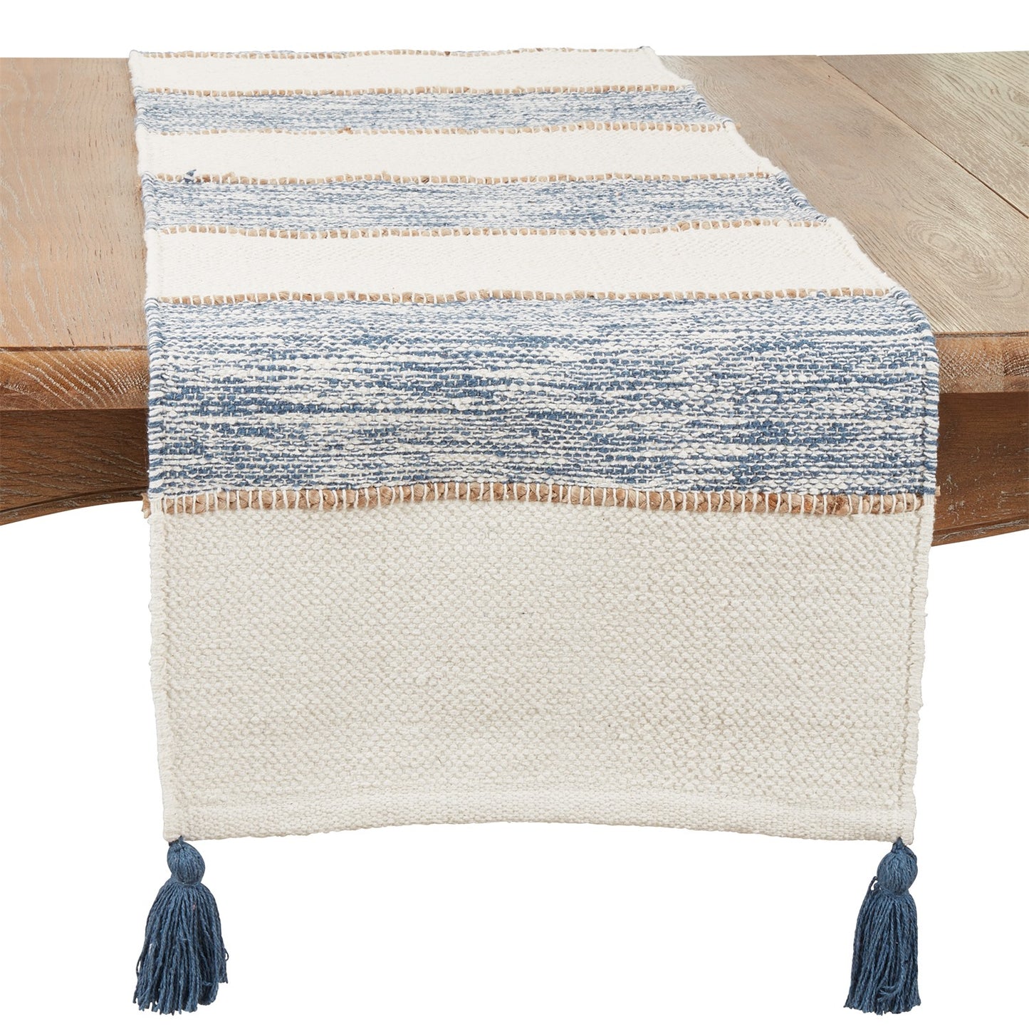 Everyday / All Season Navy Blue Striped Tassel Table Runner, 85% cotton - 15% jute