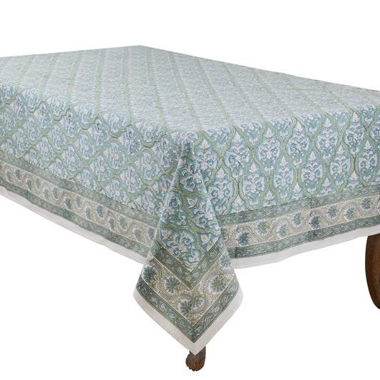 Aqua Blue  Hand Block Print Tablecloth  100% cotton