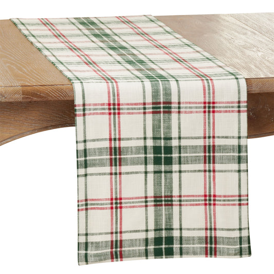 Everyday / All Season White/Green Plaid Table Runner, 100% cotton