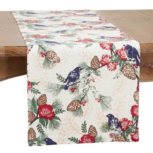 Christmas Multi Pinecones and Birds Table Runner, 100% cotton