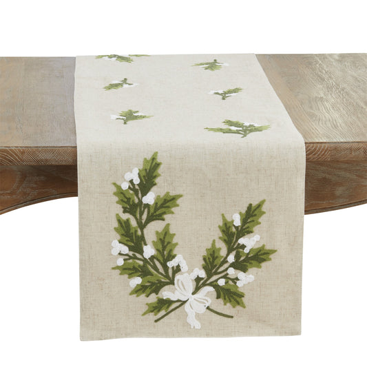 Christmas Natural Beige Holly Leaves Table Runner, 84% polyester - 16% linen