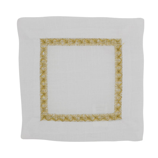 Gold Embroidered Border Cocktail Napkins 100% polyester, 6 Inch Square (4 pcs.)