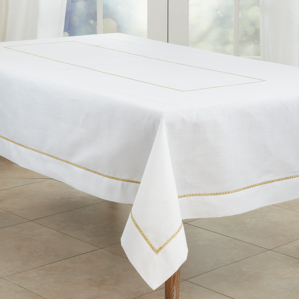 Gold  Embroidered Border Tablecloth  100% Polyester