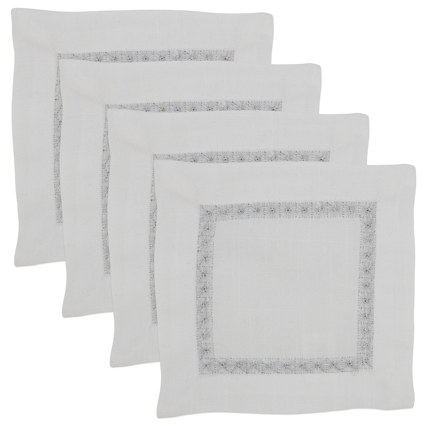 Silver Embroidered Border Cocktail Napkins 100% polyester, 6 Inch Square (4 pcs.)