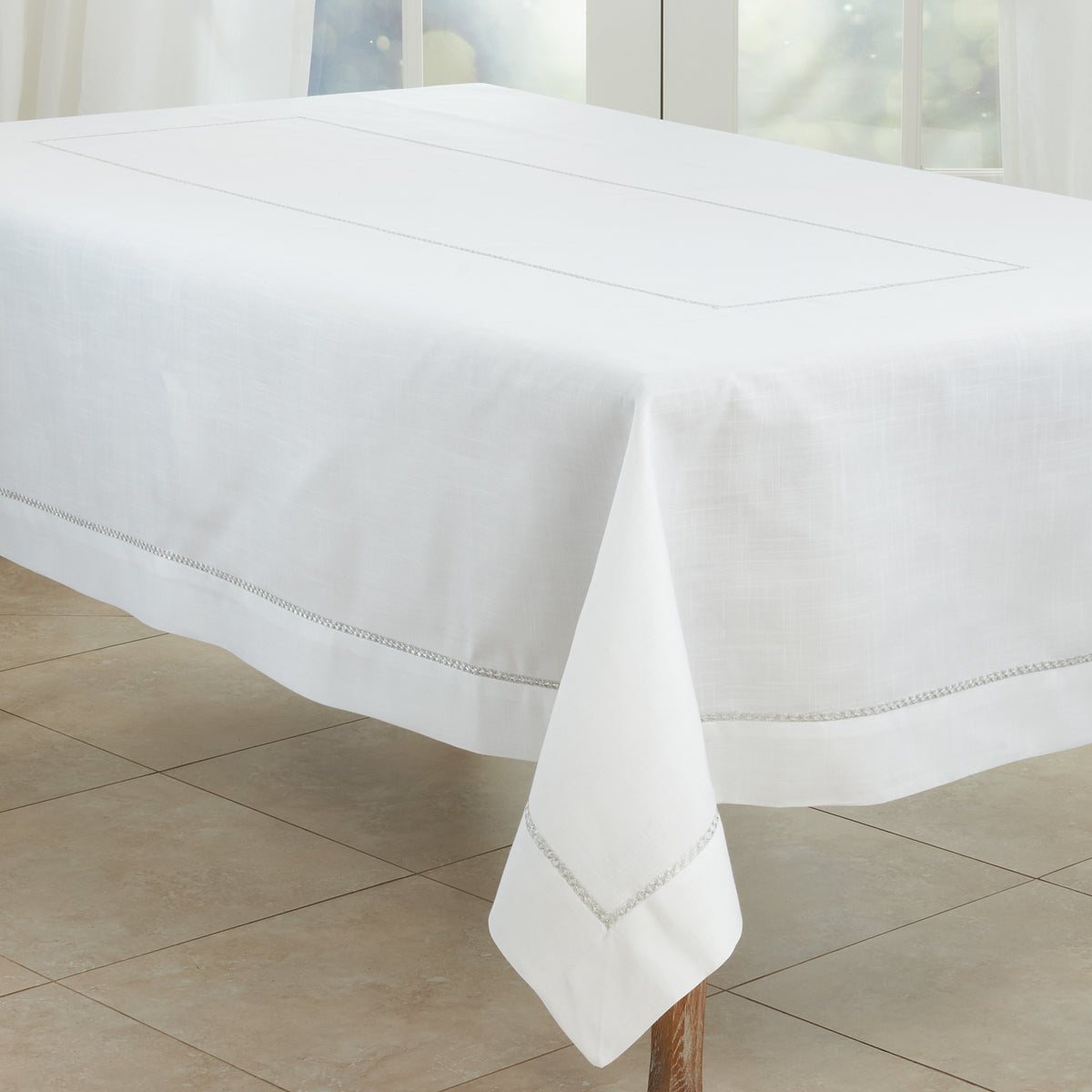 Silver  Embroidered Border Tablecloth  100% Polyester