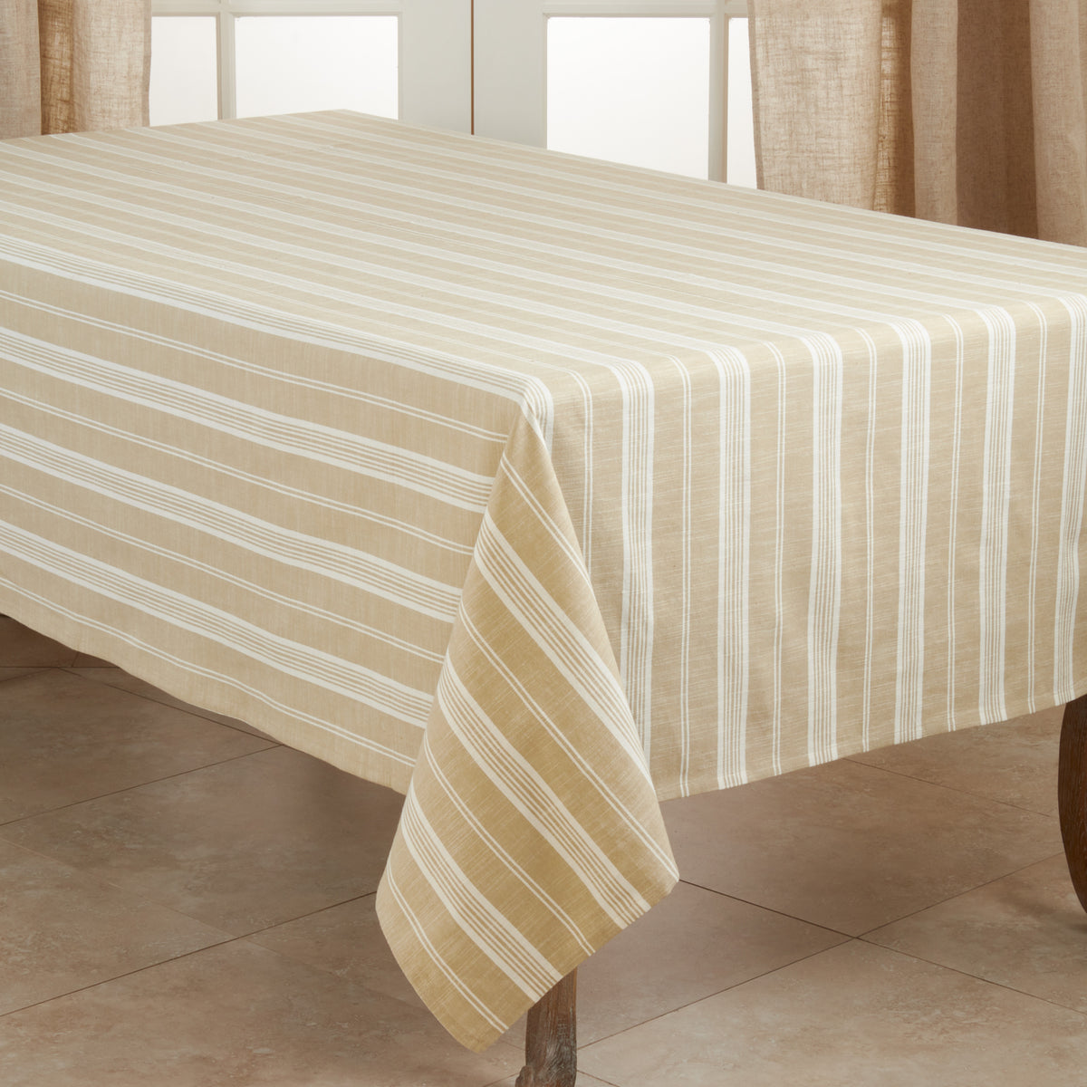 Khaki Beige  Striped Tablecloth  100% cotton