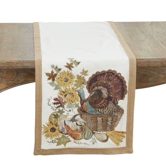 Everyday / All Season Multi Embroidered Turkey Table Runner, 100% cotton