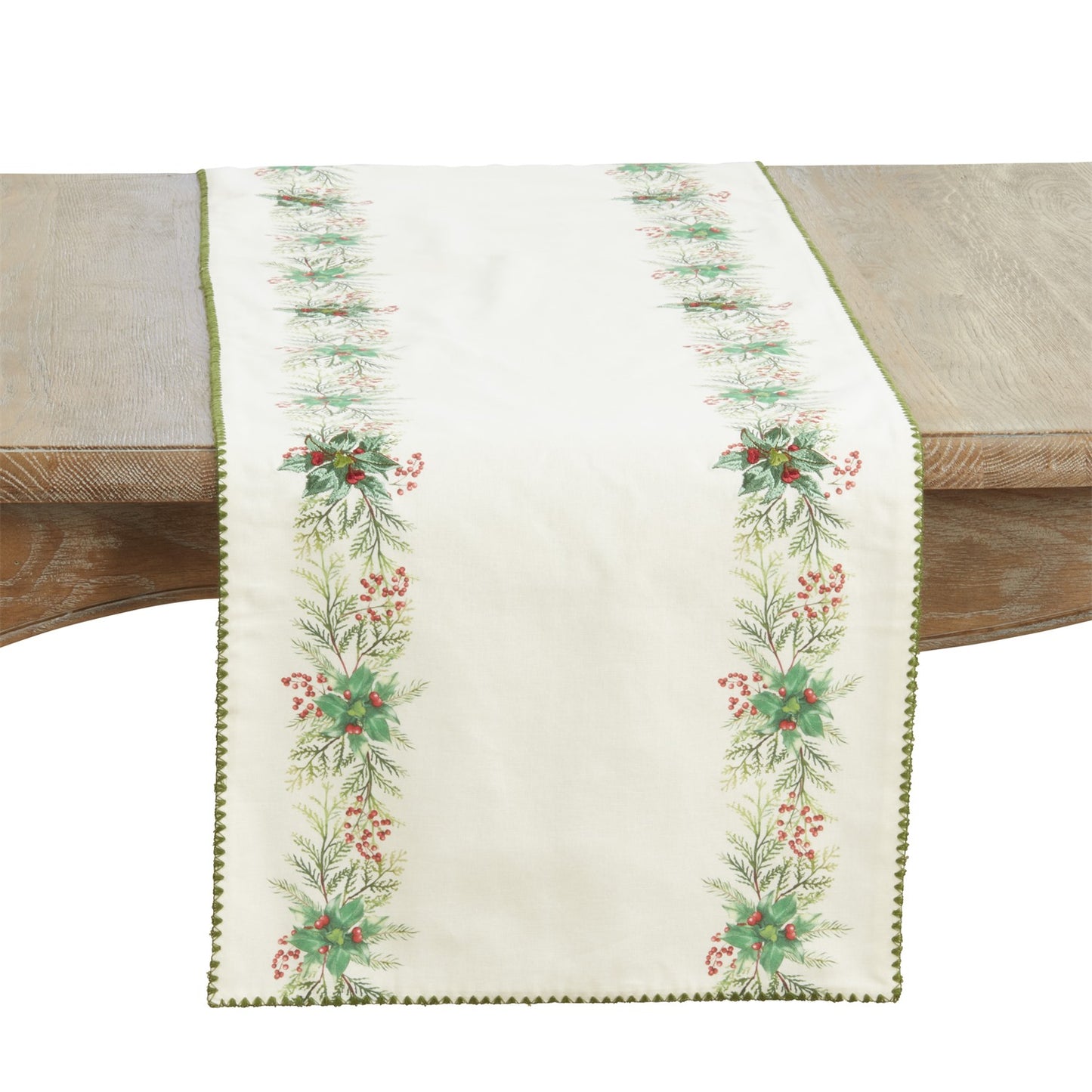 Christmas Green Holly Table Runner, 100% cotton