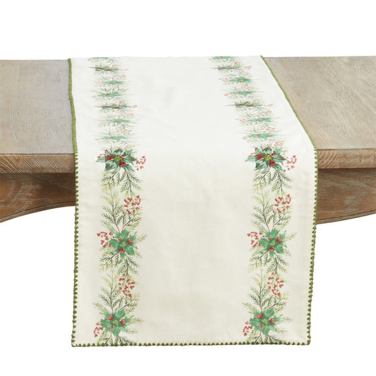 Christmas Green Holly Table Runner, 100% cotton