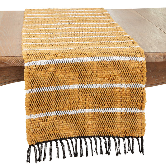 Everyday / All Season Mustard Yellow Striped Chindi Table Runner, 100% cotton