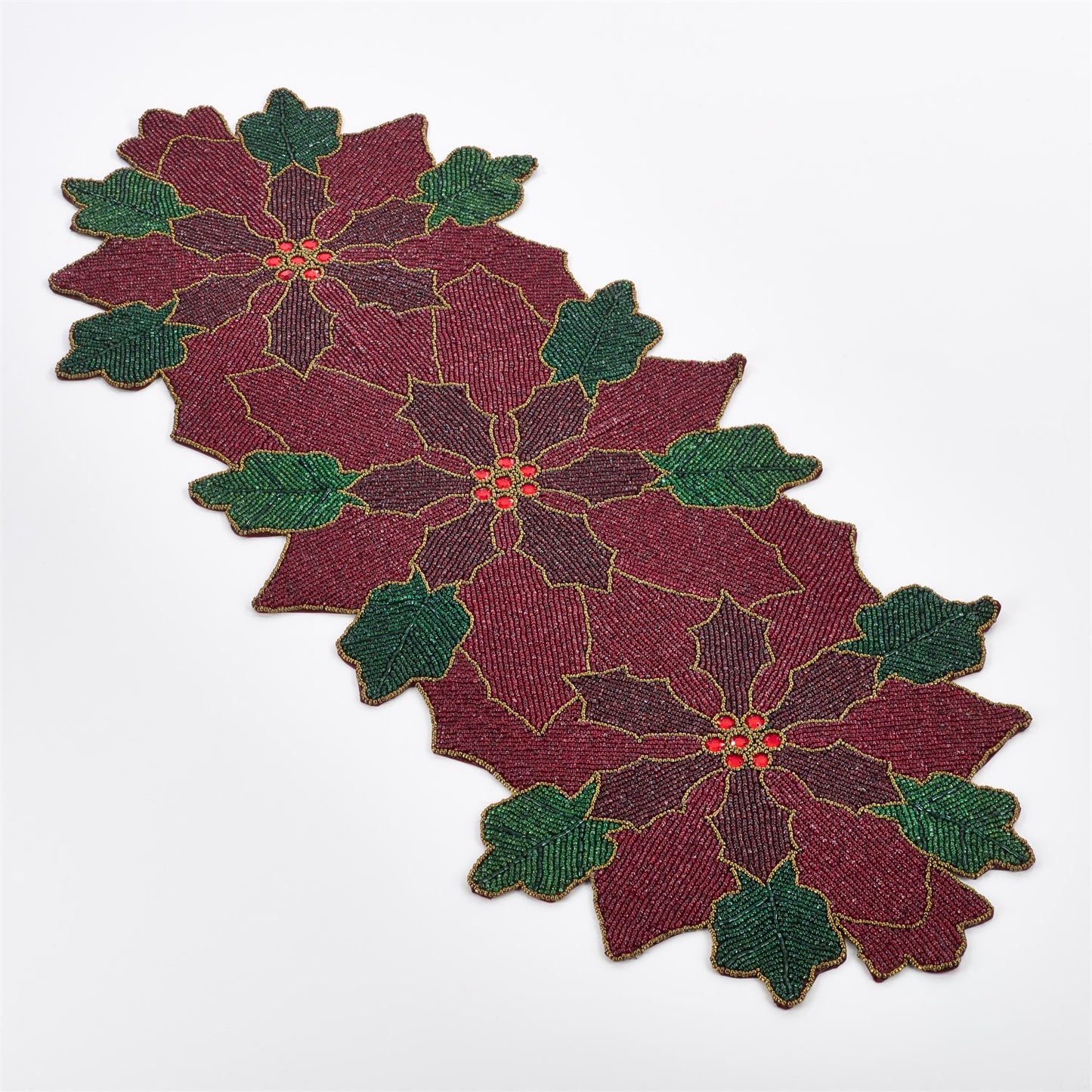 Christmas Red Beaded Poinsettia Table Runner, 100% polyester