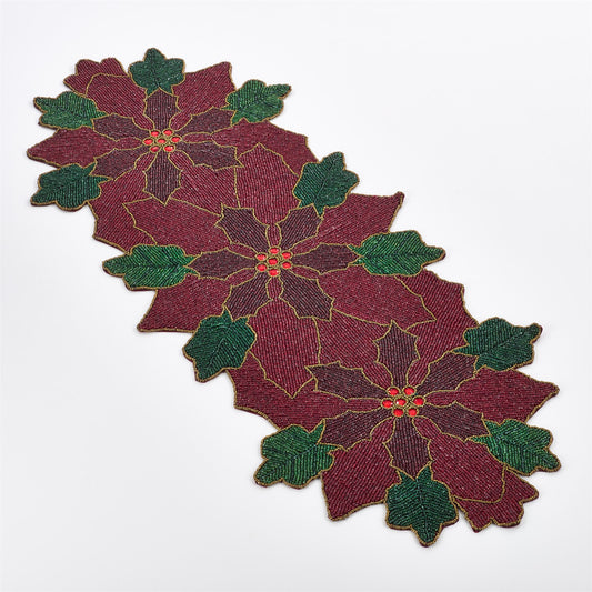 Christmas Red Beaded Poinsettia Table Runner, 100% polyester