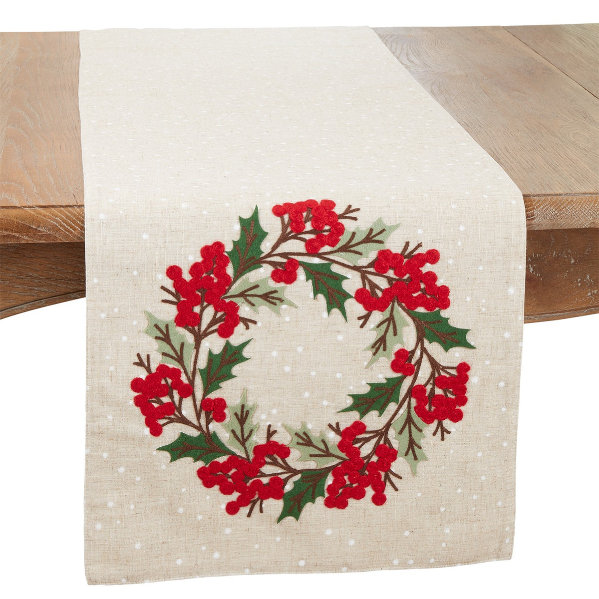 Christmas Natural Beige Holly Berry Wreath Table Runner, 80% polyester - 20% linen