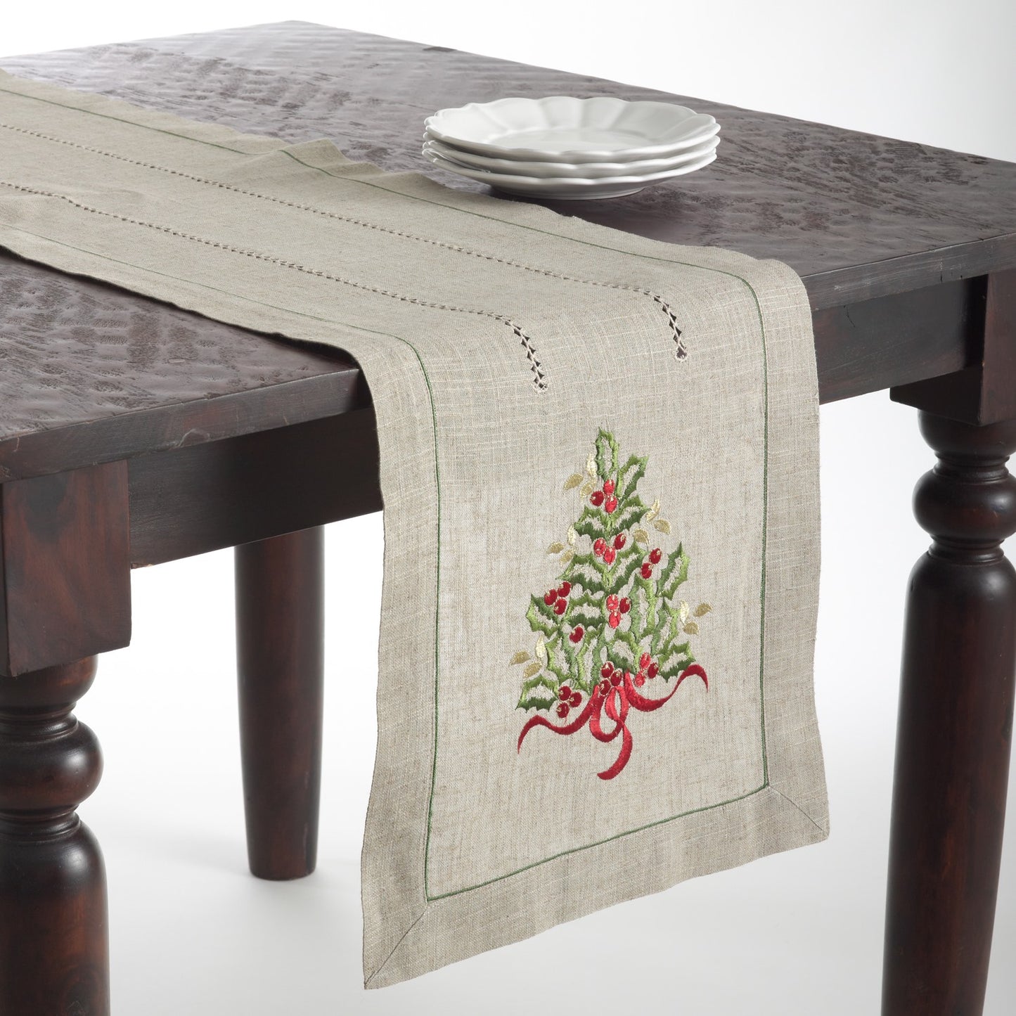 Christmas Natural Beige Xmas Tree Embroidered Table Runner, 80% polyester - 20% linen