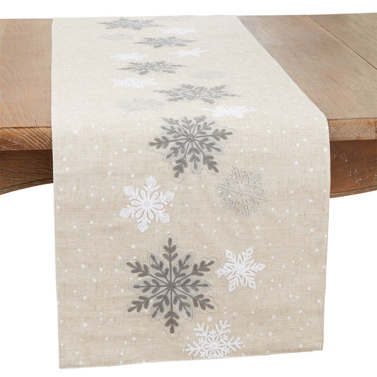 Christmas Natural Beige Snowflakes Table Runner, 80% polyester - 20% linen