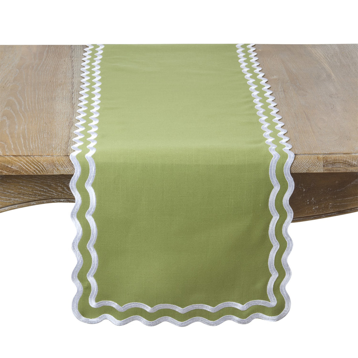 Everyday / All Season Kiwi Green Scalloped Border Table Runner, 100% polyester