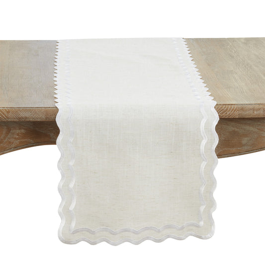 Everyday / All Season Natural Beige Scalloped Border Table Runner, 100% Polyester