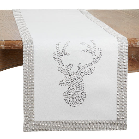 Christmas Silver Sequin Reindeer Table Runner, 100% Polyester