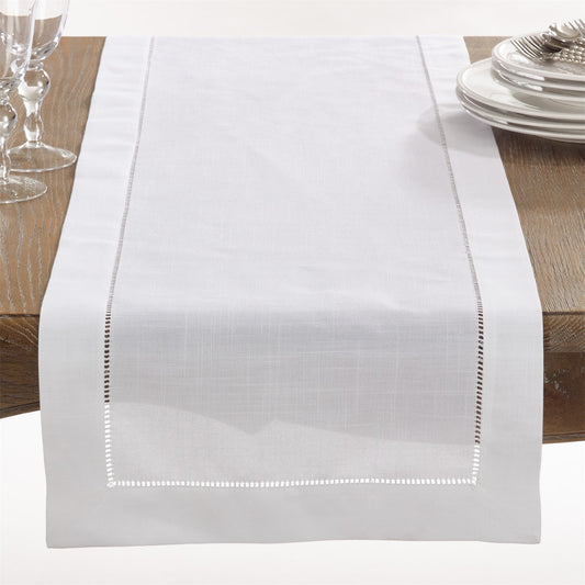 Everyday / All Season White Table Runner with Hemstitched Border, 100% Polyester