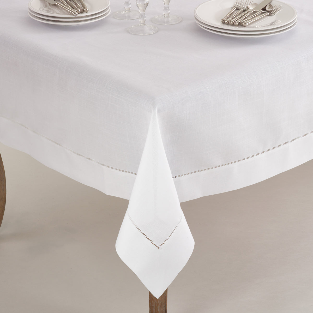 White  Tablecloth with Hemstitched Border  100% Polyester