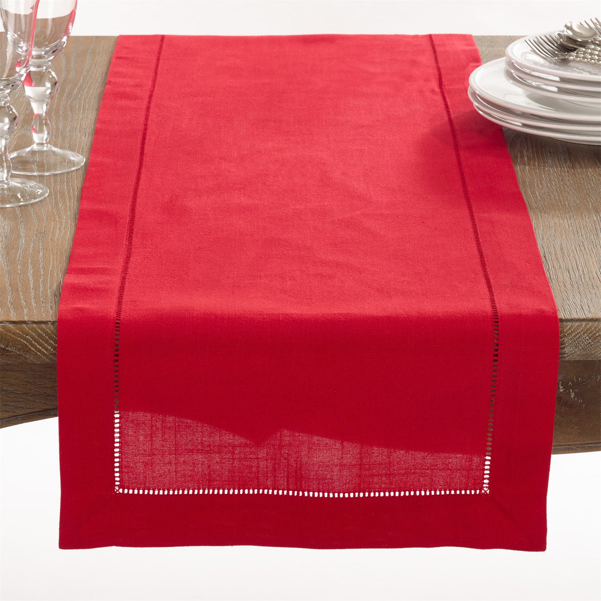 Everyday / All Season Red Table Runner with Hemstitched Border, 100% Polyester