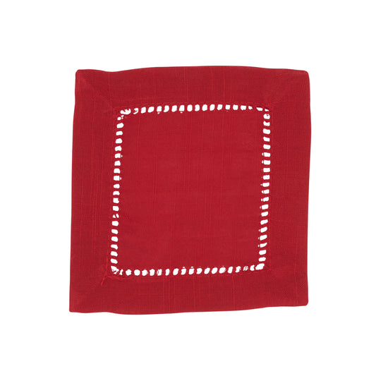 Red Hemstitched Border Cocktail Napkins 100% Polyester, 6 Inch Square (12 pcs.)
