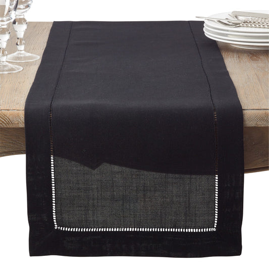 Everyday / All Season Black Table Runner with Hemstitched Border, 100% Polyester