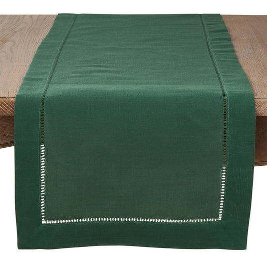 Everyday / All Season Jasper Green Table Runner with Hemstitched Border, 100% Polyester