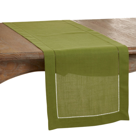 Everyday / All Season Kiwi Green Table Runner with Hemstitched Border, 100% Polyester
