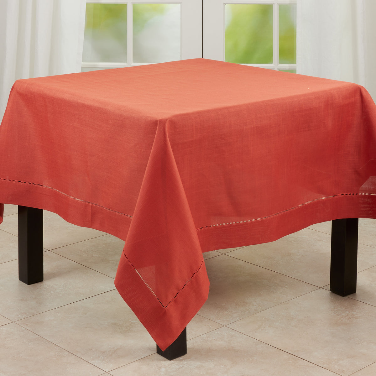 Terracotta Orange  Tablecloth with Hemstitched Border  100% polyester