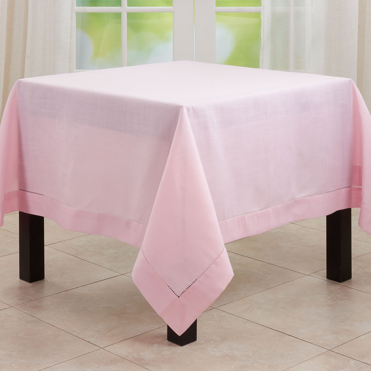 Pink  Tablecloth with Hemstitched Border  100% polyester