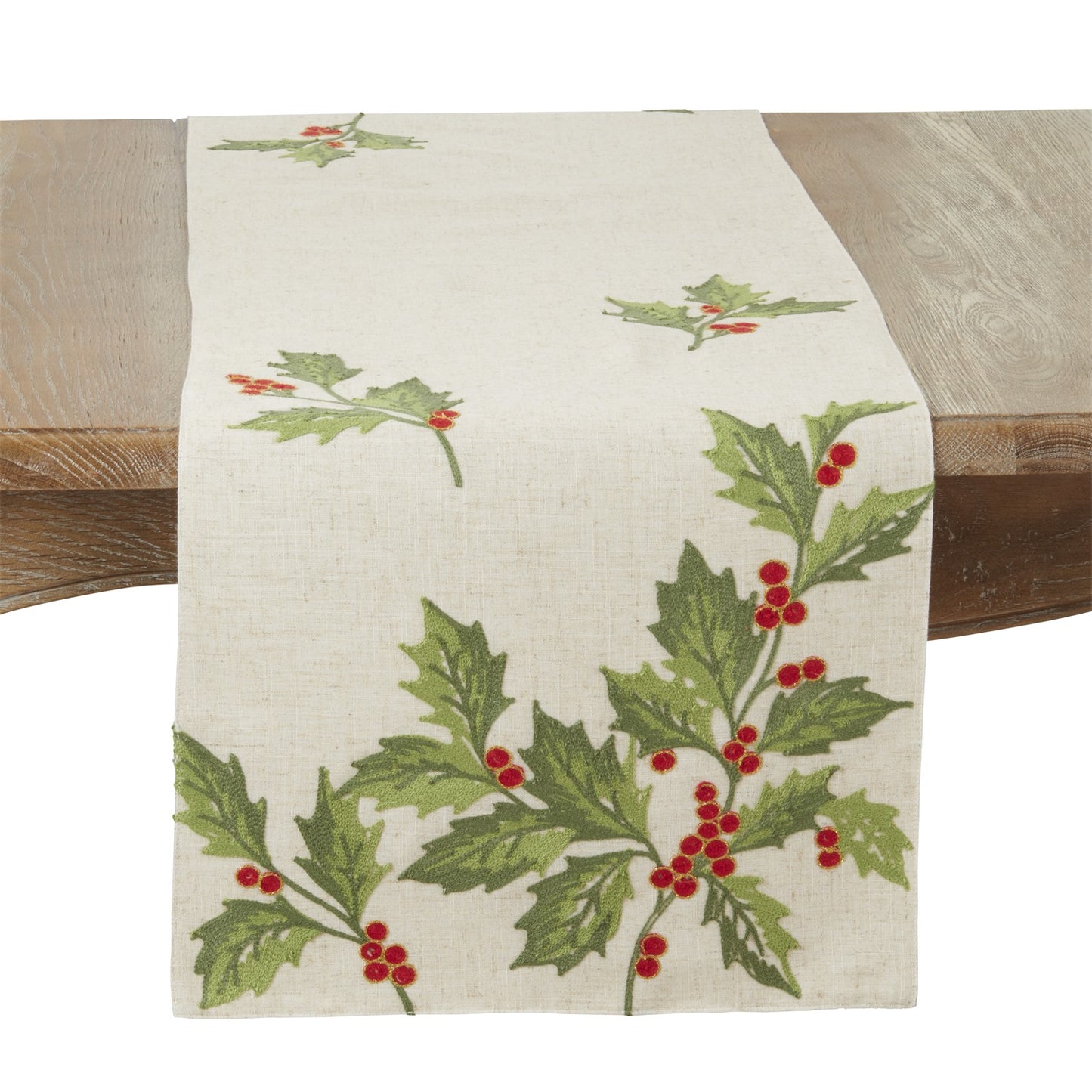 Christmas Natural Beige Holly Leaves Table Runner, 84% polyester - 16% linen