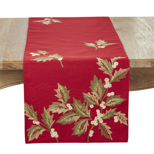 Christmas Red Holly Leaves Table Runner, 100% Polyester