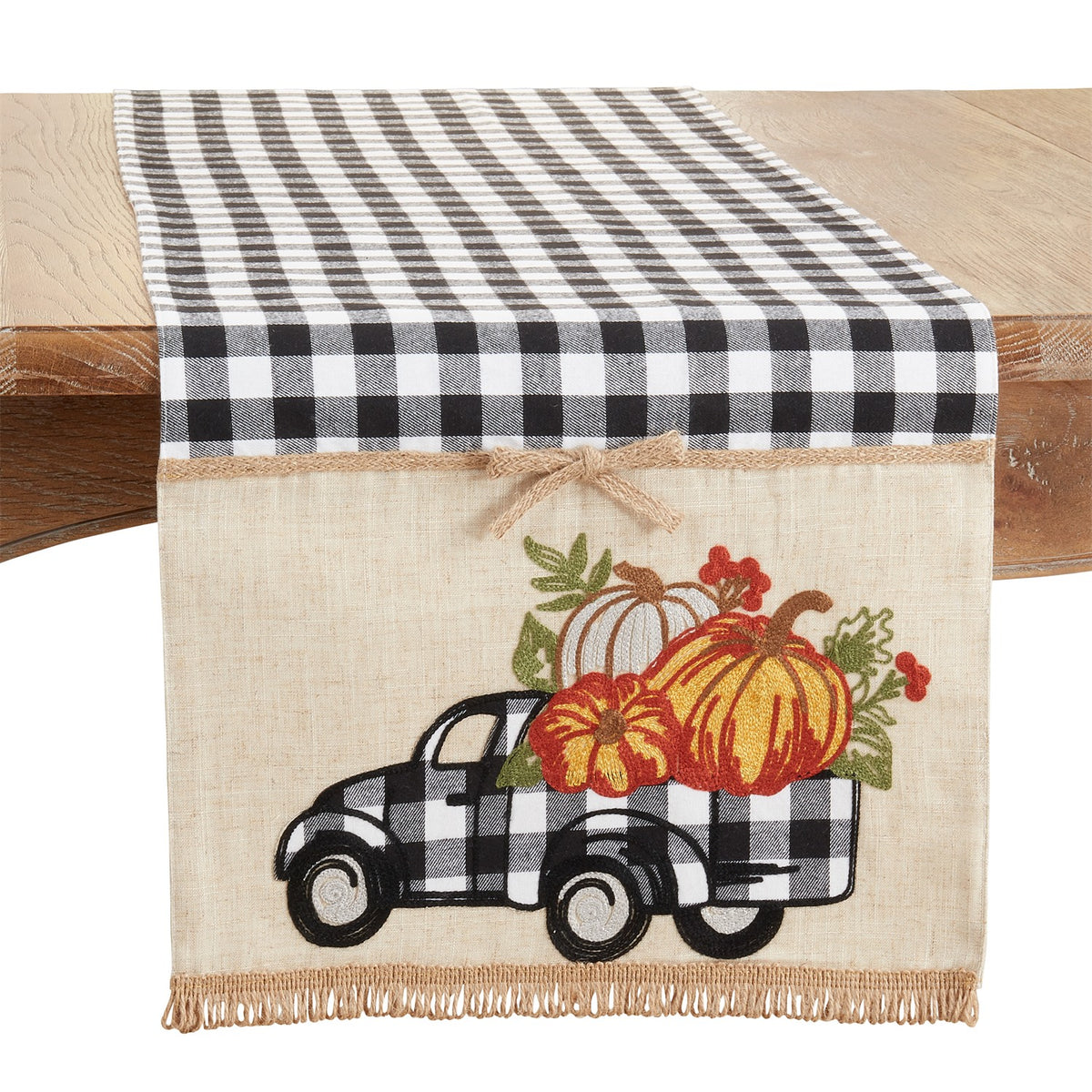 Thanksgiving / Fall Harvest Black/White Plaid Truck with Pumpkins Table Runner, front: 100% polyester, back: 80% polyester - 20% linen