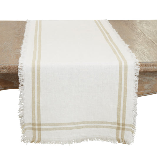 Everyday / All Season Natural Beige Stripe Fringe Table Runner, 100% cotton