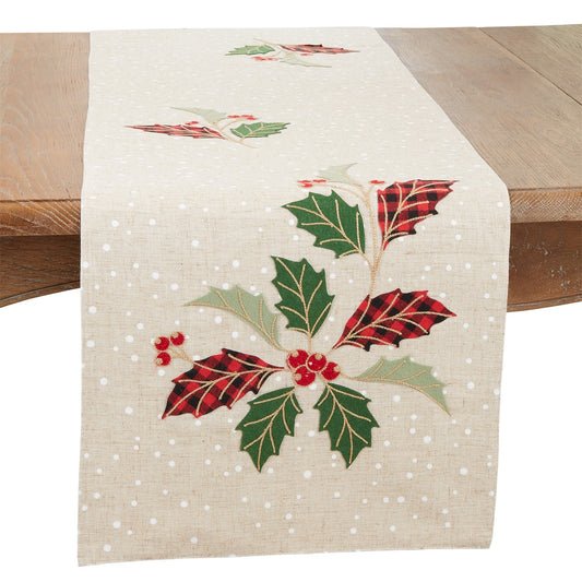 Christmas Natural Beige Buffalo Plaid Holly Leaves Table Runner, 80% polyester - 20% linen