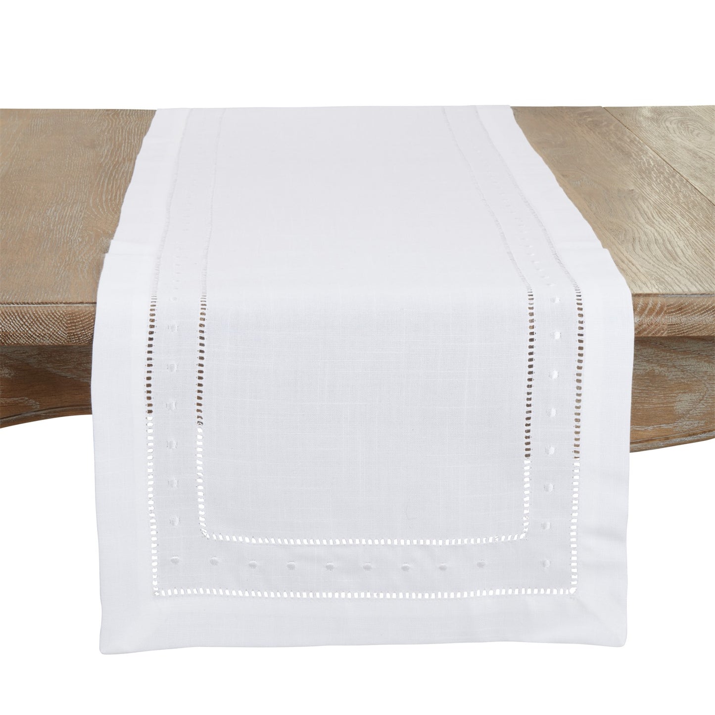 Everyday / All Season White Embr. and Hemstitch Table Runner, 100% Polyester