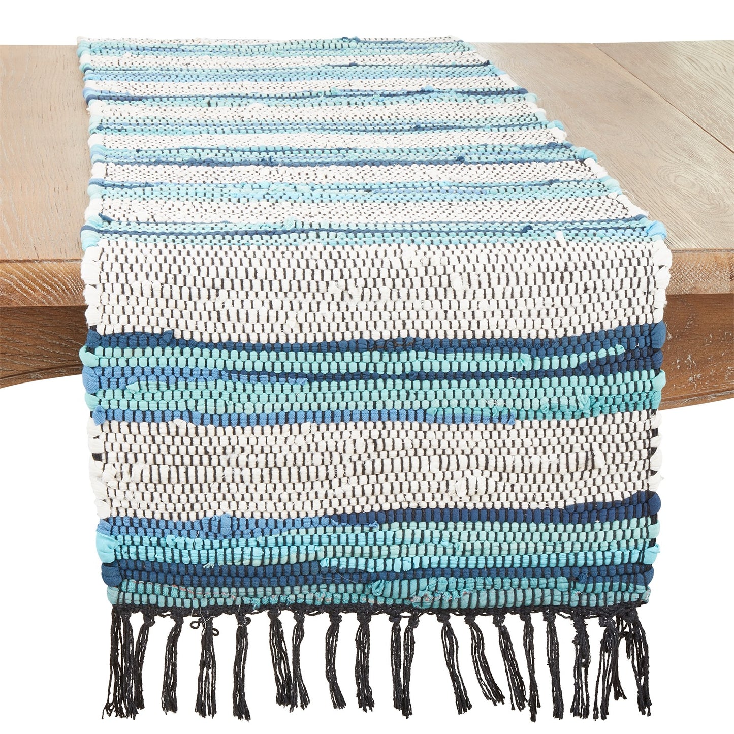 Everyday / All Season Aqua Blue Striped Chindi Table Runner, 100% cotton