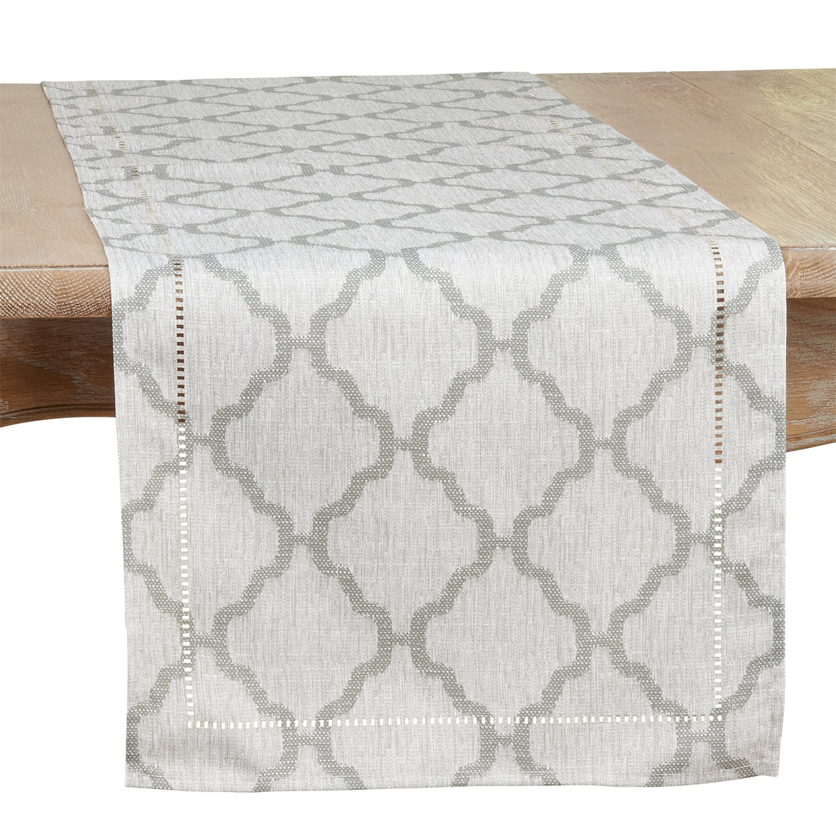 Everyday / All Season Grey Moroccan Laser-Cut Hemstitch Table Runner, 100% Polyester