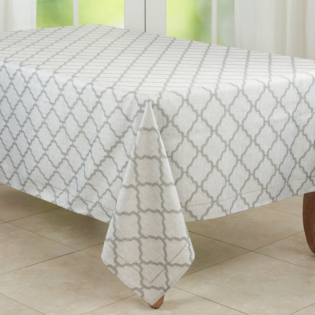 Grey  Moroccan Laser-Cut Hemstitch Tablecloth  100% polyester