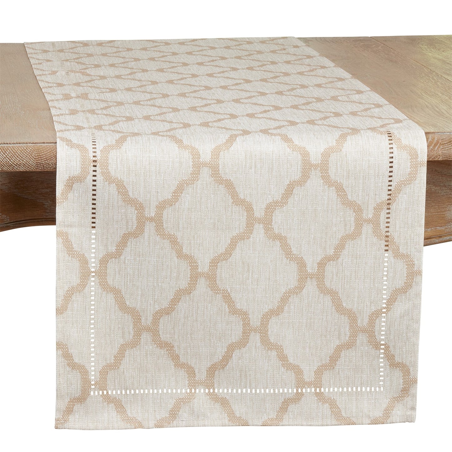 Everyday / All Season Taupe Moroccan Laser-Cut Hemstitch Table Runner, 100% Polyester
