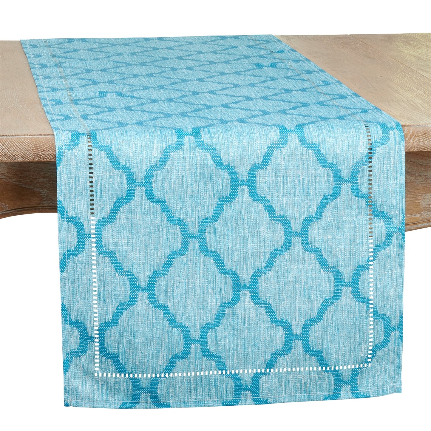 Everyday / All Season Turquoise Blue Moroccan Laser-Cut Hemstitch Table Runner, 100% Polyester
