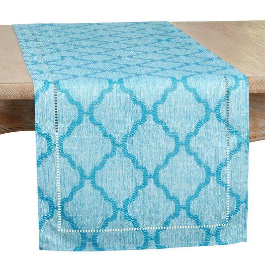 Everyday / All Season Turquoise Blue Moroccan Laser-Cut Hemstitch Table Runner, 100% Polyester