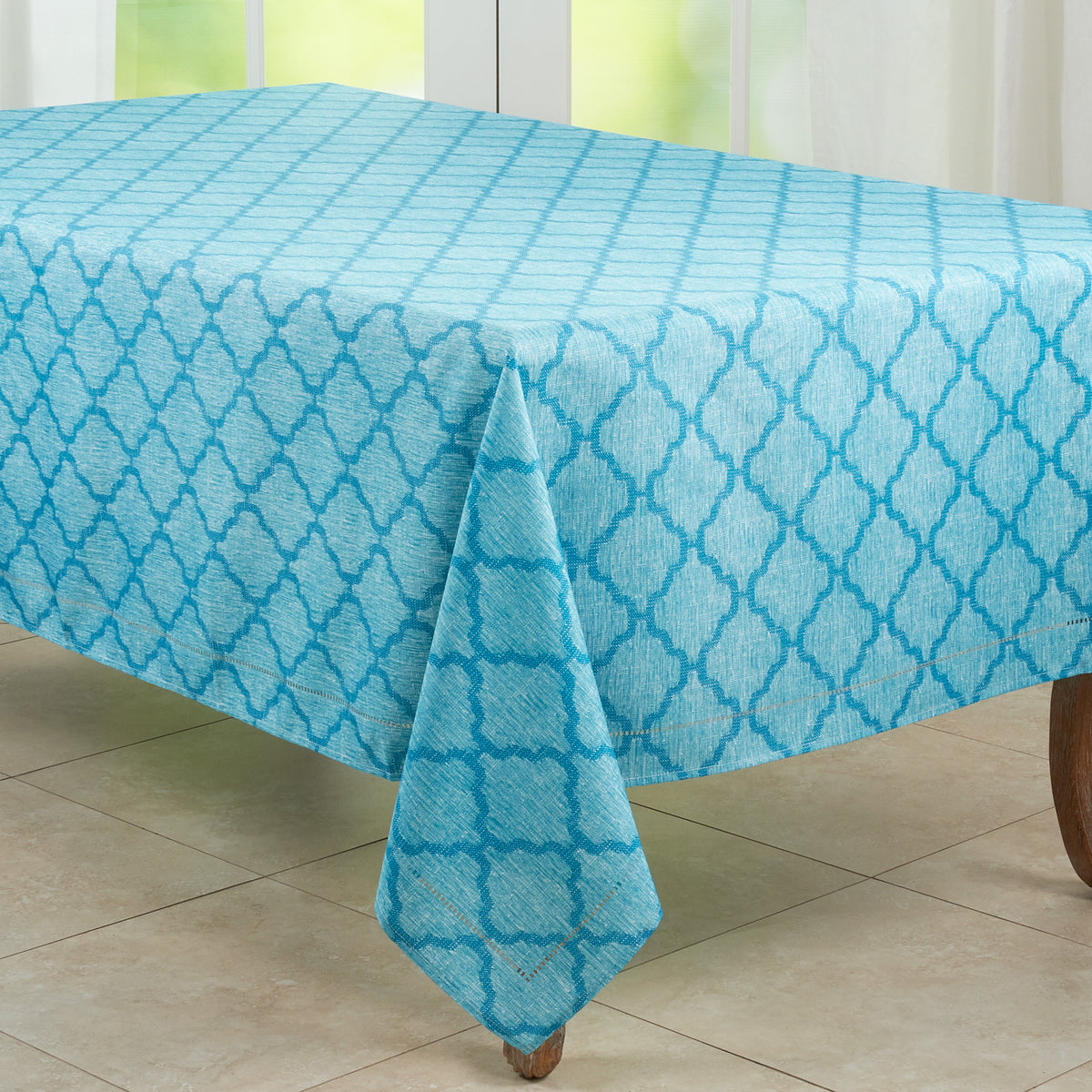 Turquoise Blue  Moroccan Laser-Cut Hemstitch Tablecloth  100% polyester
