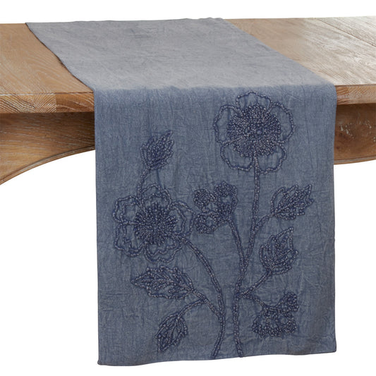 Everyday / All Season Denim Blue Stone Washed Floral Table Runner, 100% cotton